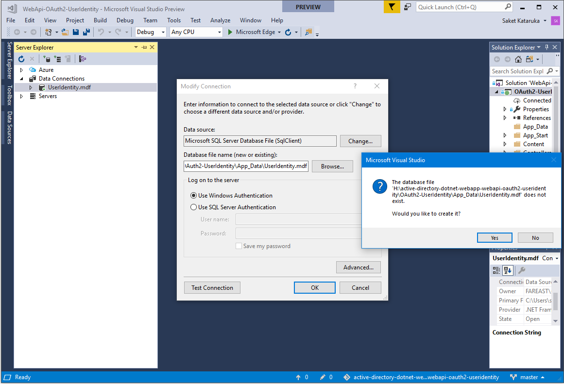 Screenshot that shows the dialog box for creating the database file.