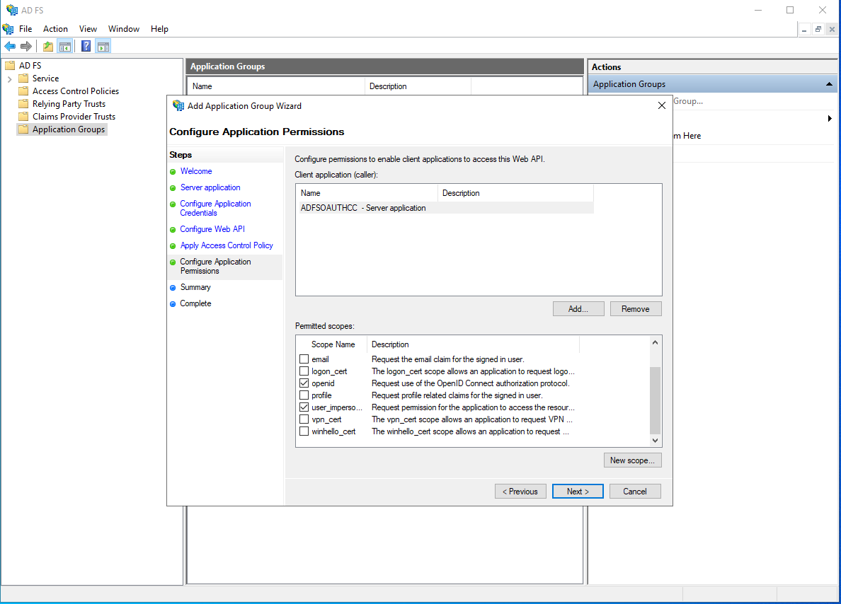 Screenshot that shows the Configure Application Permissions page.