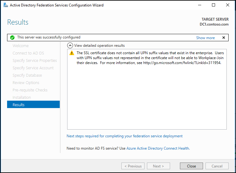 Screenshot that shows an installation where the certificate had a SAN.