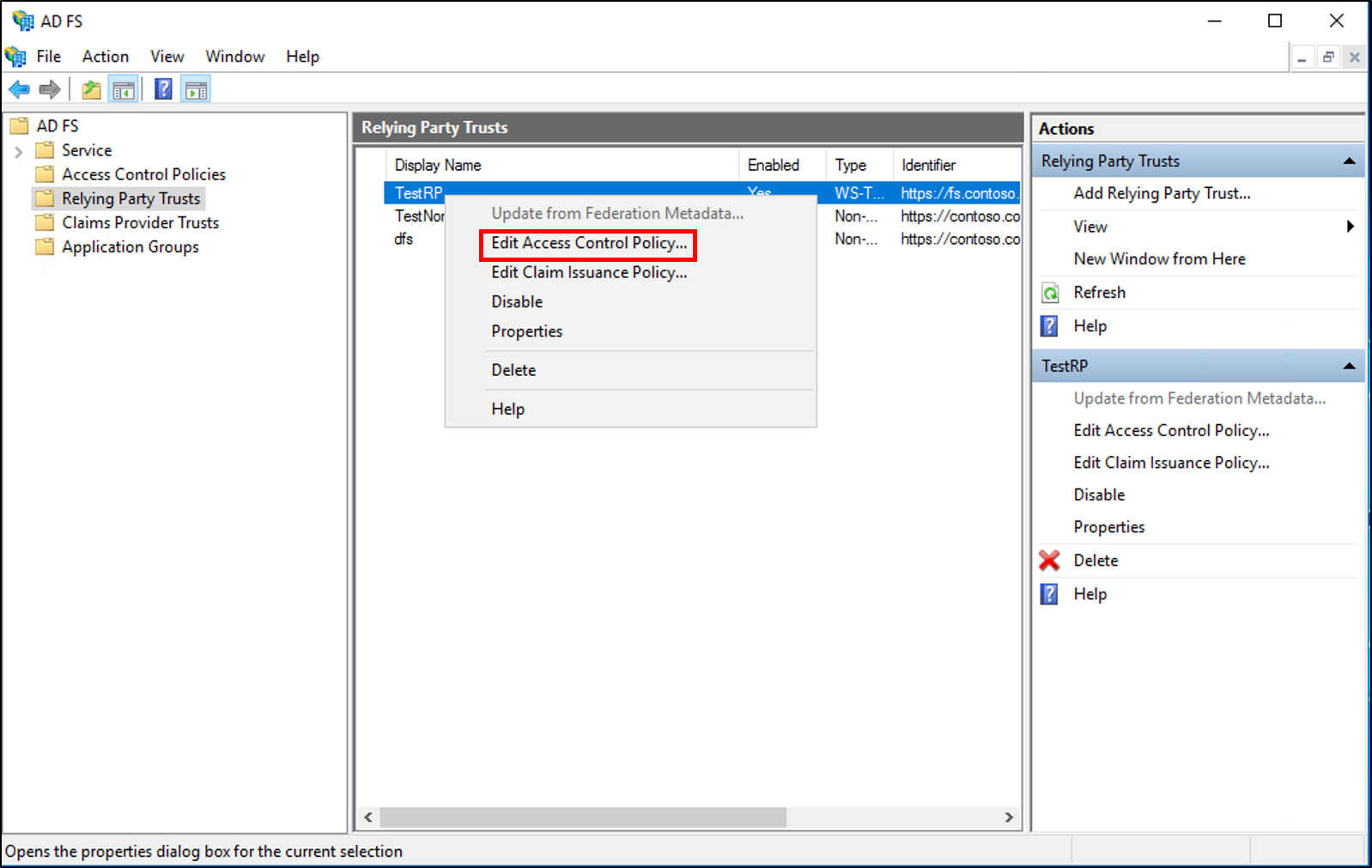 Screenshot that shows where to right-click Relying Party Trust to access the Edit Access Control Policy menu option.
