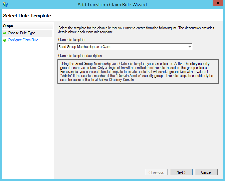 Screenshot that shows where to select the Send Group Membership as a Claim template when you create a rule to send group membership as a claim in Windows Server 2012 R2.