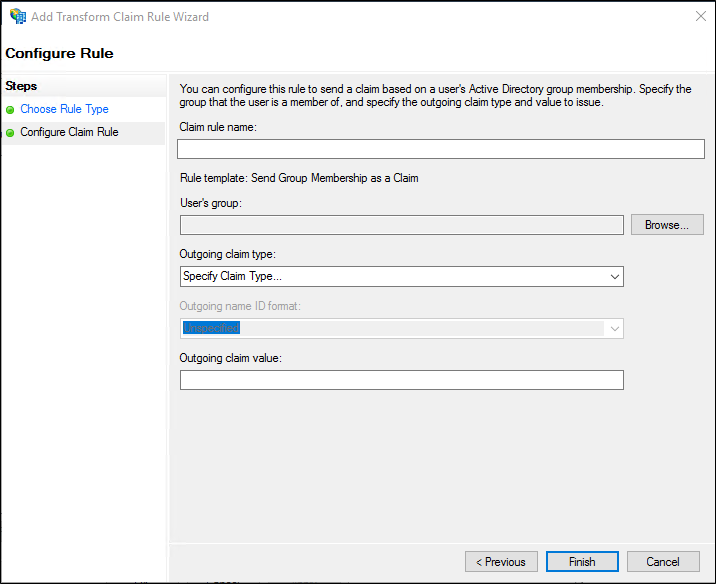 Screenshot that shows where to type the claim rule name when you create a rule to send group membership as a claim on a Relying Party Trust in Windows Server 2016.