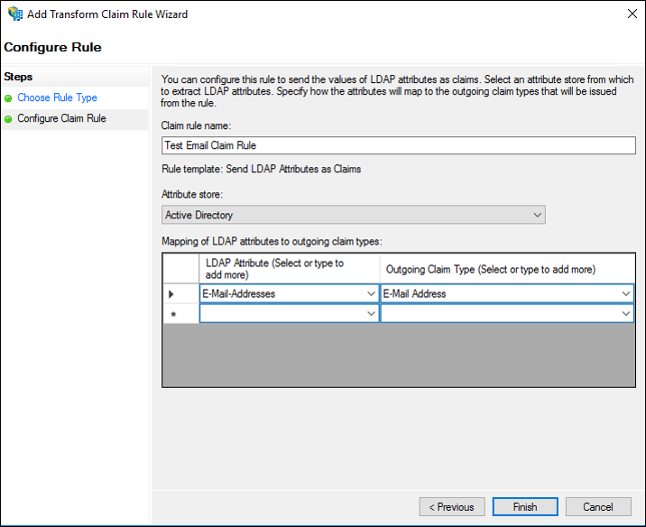 Screenshot that shows where to type the claim rule name when you create a rule to send LDAP attributes as claims for a Relying Party Trust in Windows Server 2016.