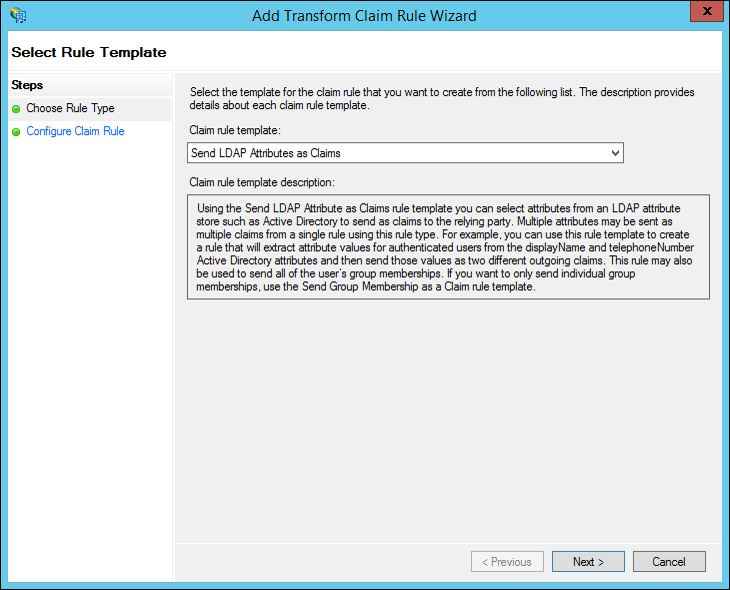 Screenshot that shows where to select Send LDAP Attributes as Claims create a rule for Windows Server 2012 R2.