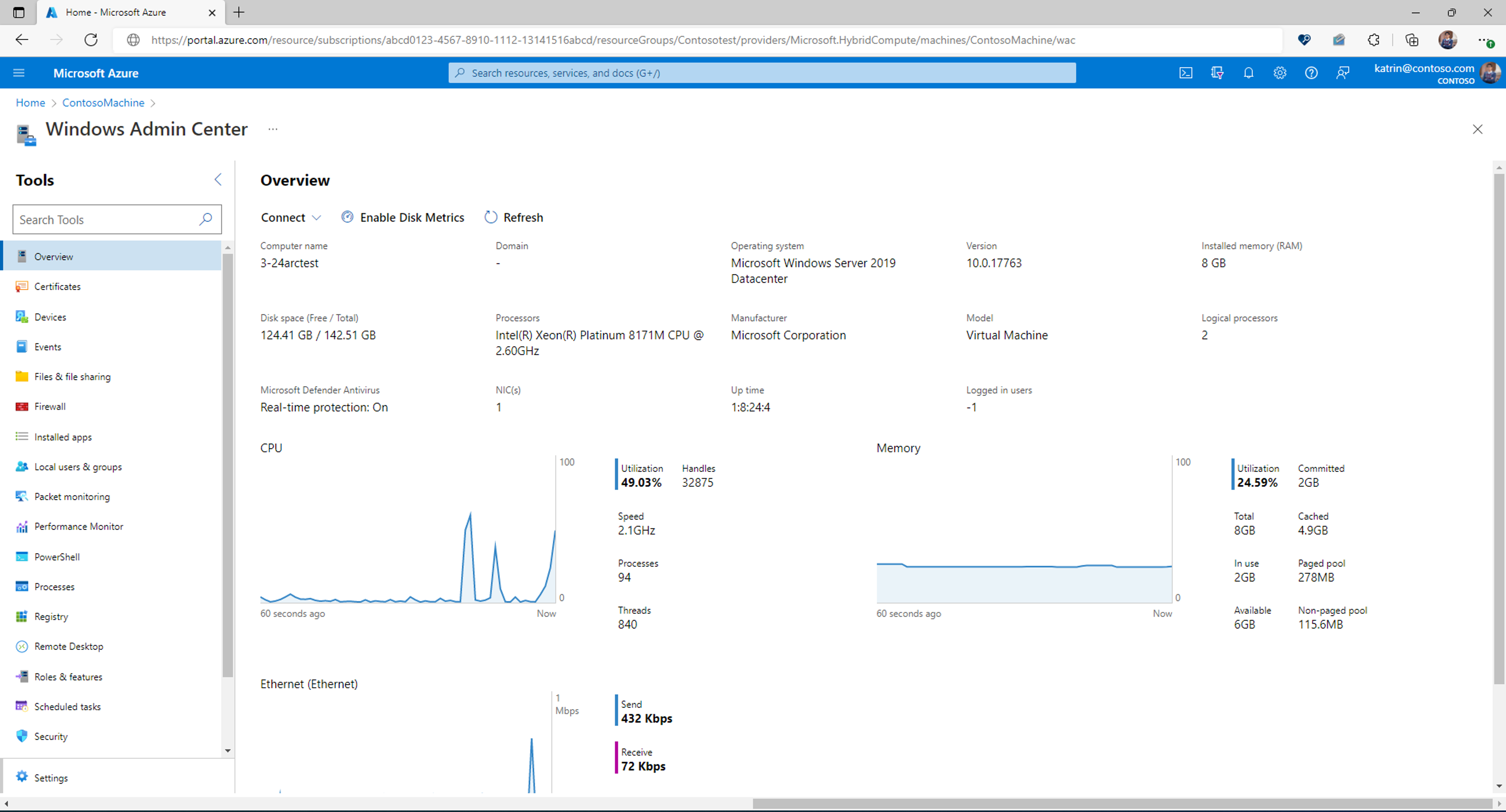 Screenshot showing the Connect button for Windows Admin Center on an Arc-enabled server.