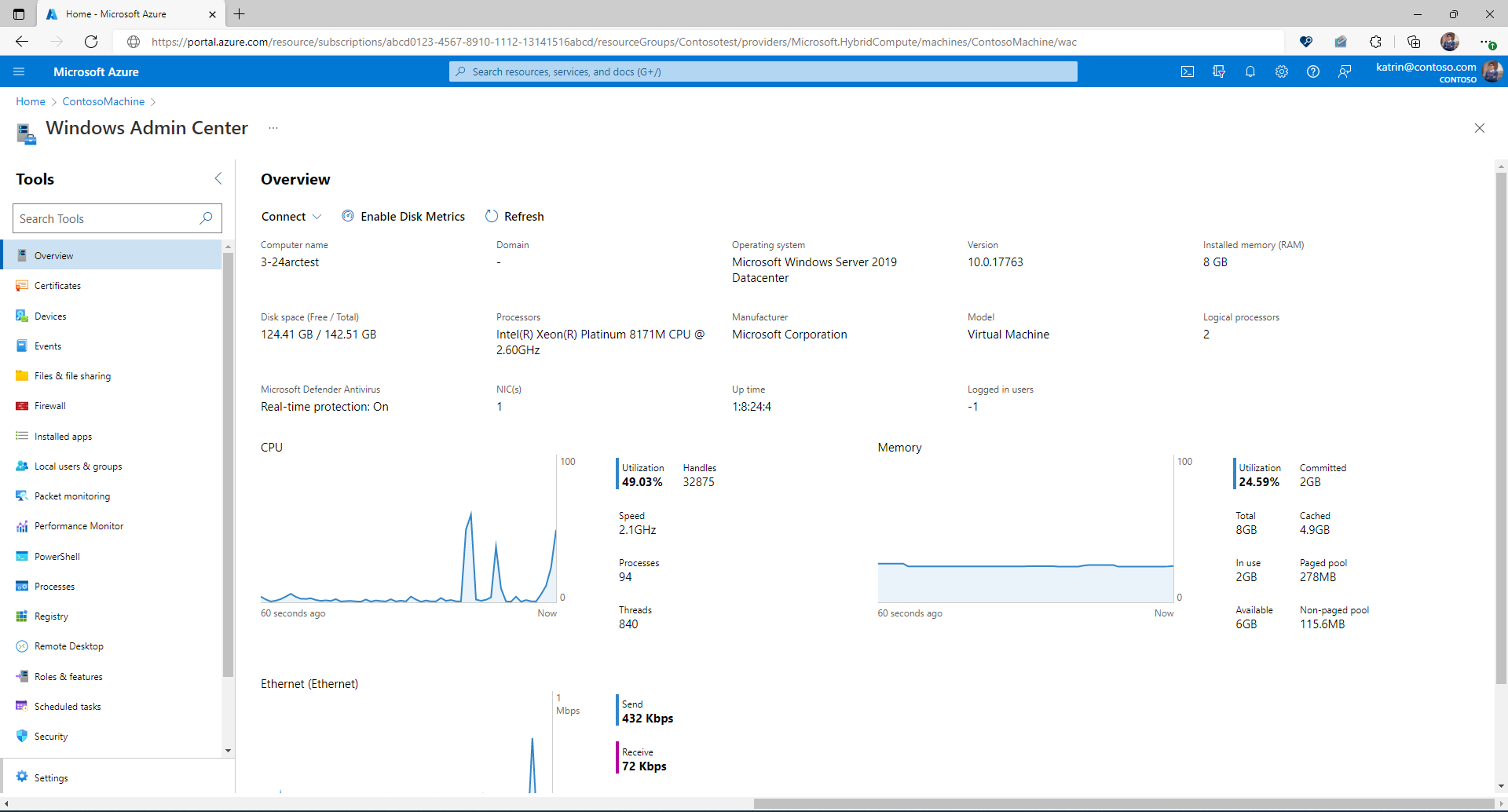 Screenshot showing Windows Admin Center in the Azure portal for Arc-enabled server, displaying the Windows admin Center Overview page.