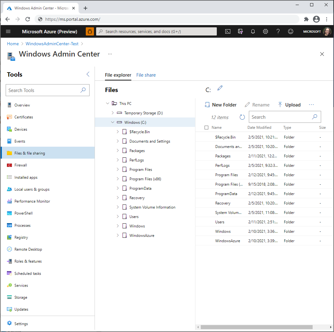 Screenshot showing Windows Admin Center in the Azure portal, displaying the files and folders on the running operating system.