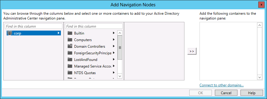 Screenshot showing the Add Navigation Nodes dialog box showing the Connect to other domains option available for selection.