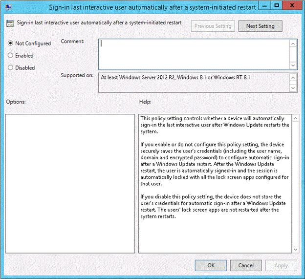 Screenshot showing policy setting controls UI where you can specify whether a device will automatically sign-in the last interactive user after Windows Update restarts the system