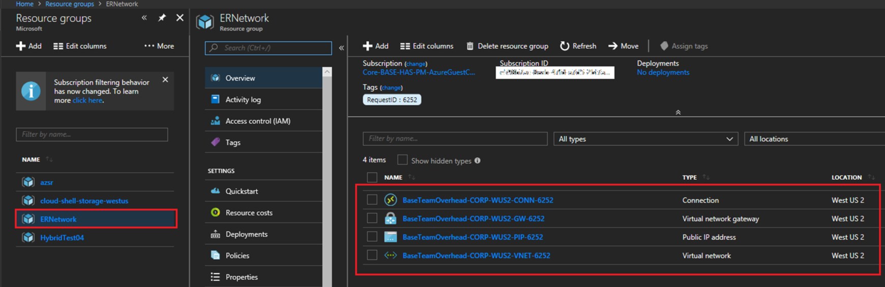 Azure portal showing the resource group added with the ExpressRoute