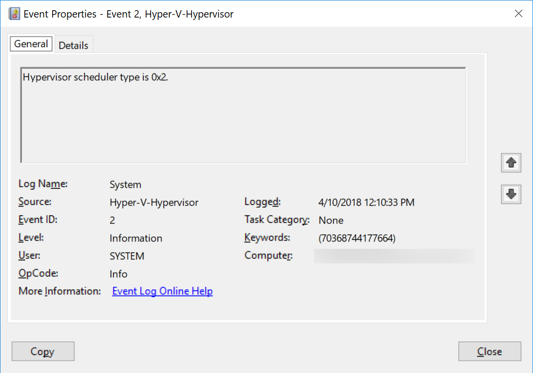 Screen shot showing hypervisor launch event ID 2 details