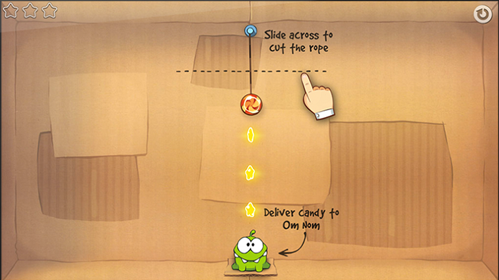 screen shot from game showing instructional ui message, "slide acress to cut the rope"