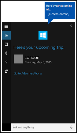 Screenshot of Cortana background app completion for an upcoming trip