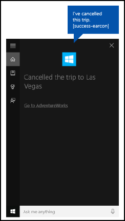 Screenshot of the Cortana 'Go to app' deep link on a background app completion screen.