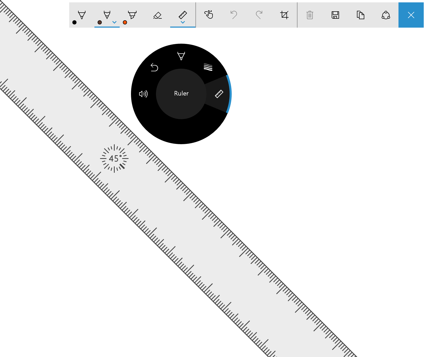 Surface Dial menu with ruler tool for the Windows Ink toolbar