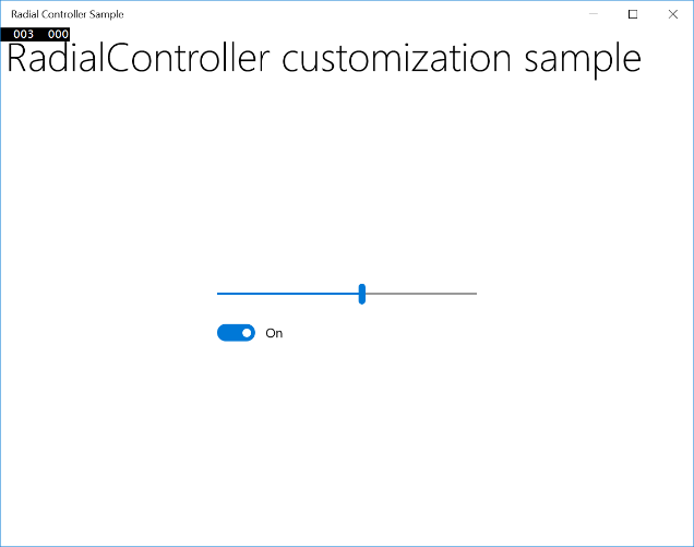 Screenshot of the Radial Controller Sample with the horizontal slider set to the middle.