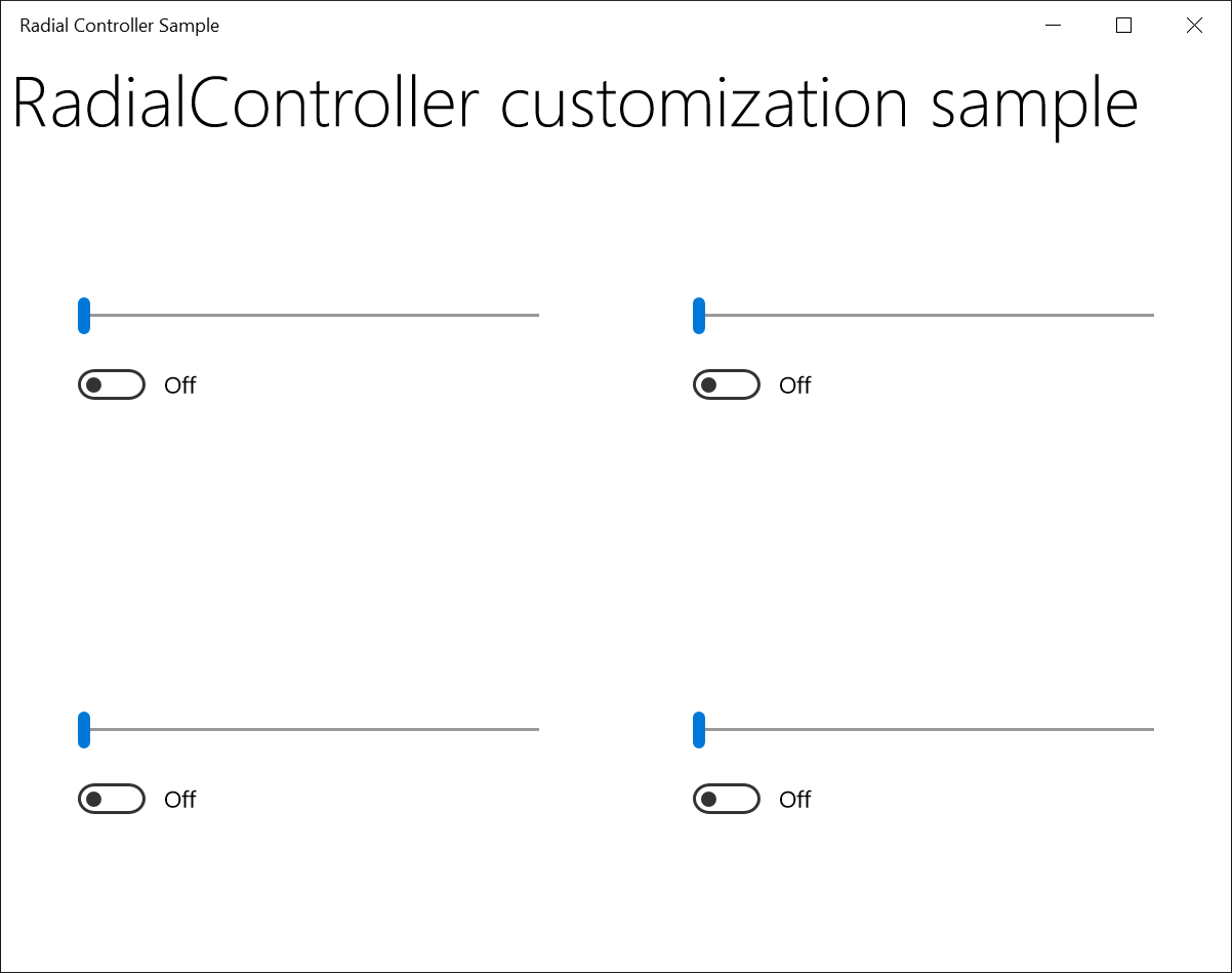 Screenshot of the Radial Controller Sample with four horizontal sliders set to the left.