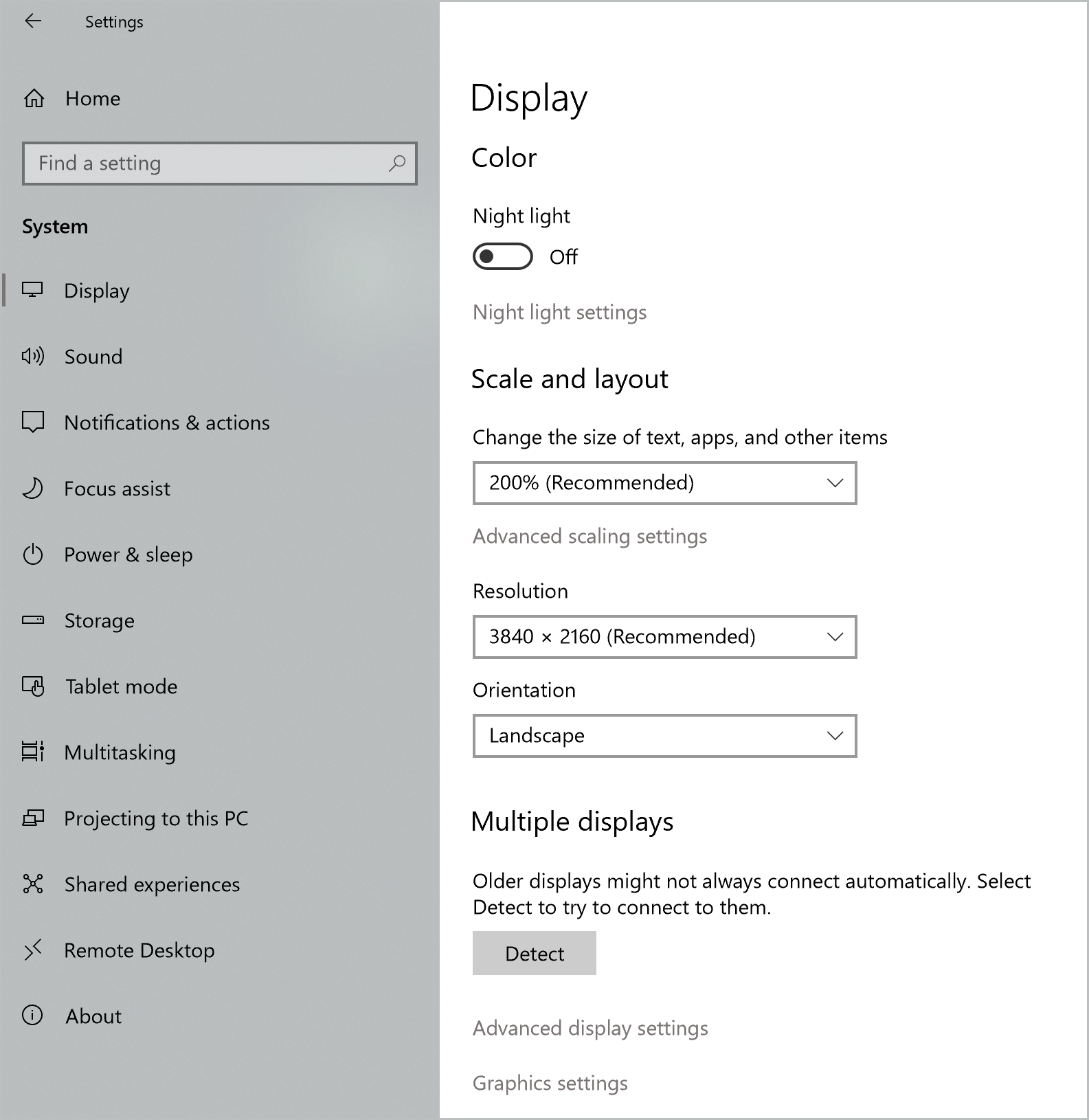 Screenshot of the Display page in Settings.
