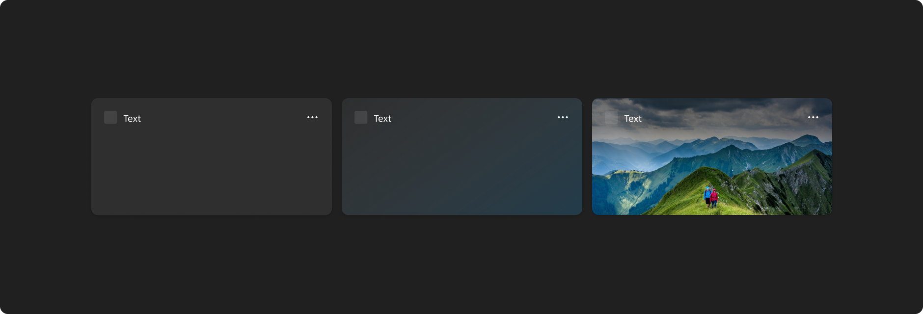 Three example widget templates demonstrating the dark theme. The first is an empty widget with a black backgroud. The second is an empty widget with a dark gradient background. The third is a widget with an image background. All three have the word "text" in a light font to demonstrate the contrast with the dark background.