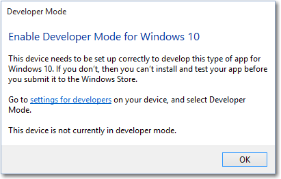 Enable developer mode dialog that is displayed in Visual Studio