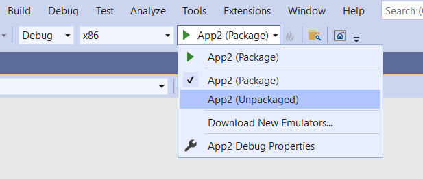 Visual Studio - Start drop-down with C# application unpackaged launch profile highlighted