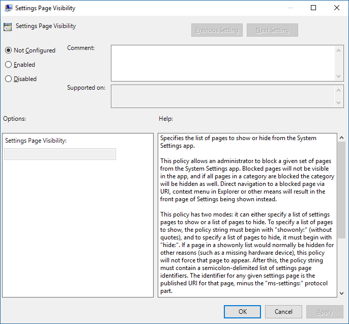 Settings page visibility policy.