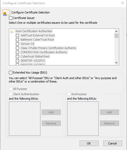 configure certificate selection window.