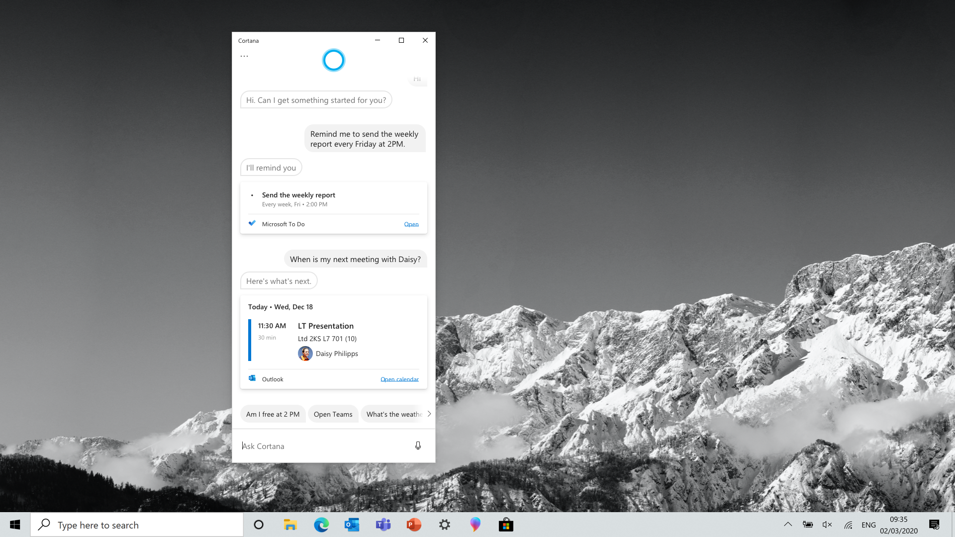 Screenshot: Cortana home page example