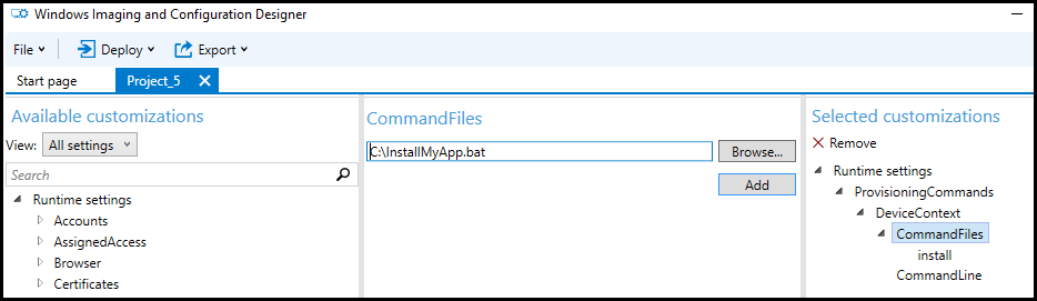 Command files in Selected customizations.