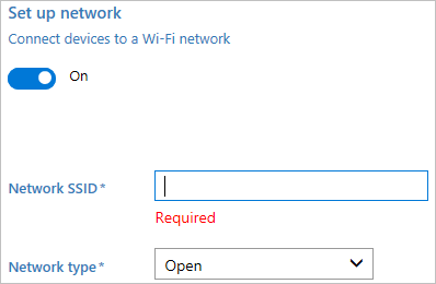 In Windows Configuration Designer, turn on wireless connectivity, enter the network SSID, and network type.