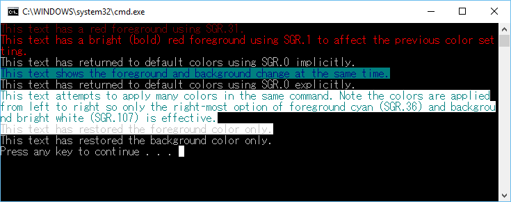 output of the console using the sgr command