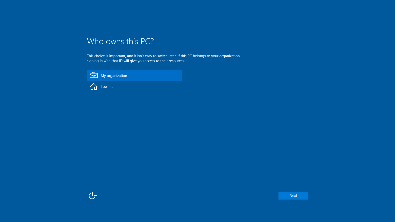 Who owns this PC? page in Windows 10 setup