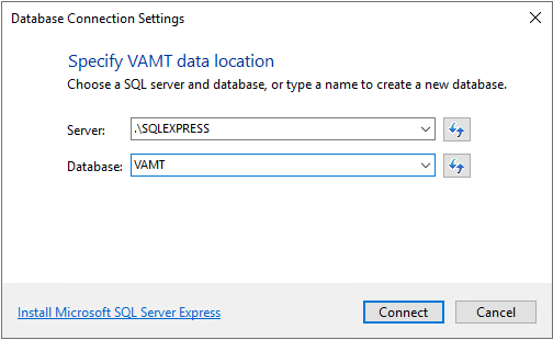 Server name is .\SQLEXPRESS and database name is VAMT.
