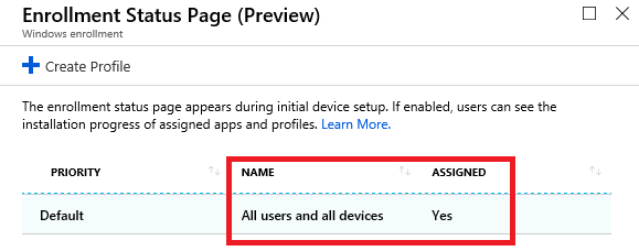 Enrollment status page policy page in Intune.