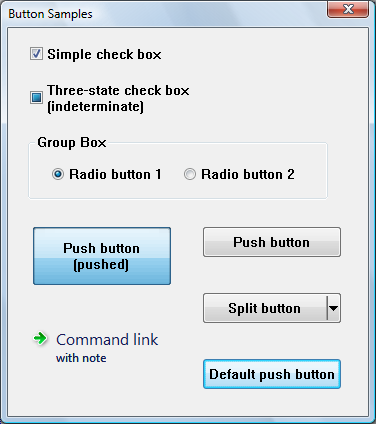 screen shot of a dialog box that shows examples of eight types of buttons