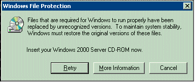 wfp message displayed to prompt user to insert windows cd-rom