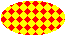 Illustration of an ellipse filled with a large, diagonal checkerboard pattern over a background color 