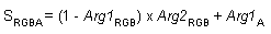equation of the add alpha modulate inverse color operation (s(rgba) = (1 - arg1(rgb)) x arg2(rgb) + arg1(a))