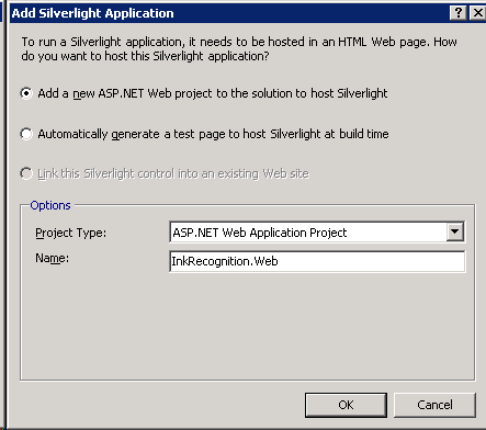 Dialog box with prompt for adding a silverlight application to a project