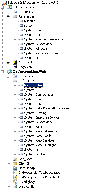 inkrecognition project in windows explorer with all reference assemblies added