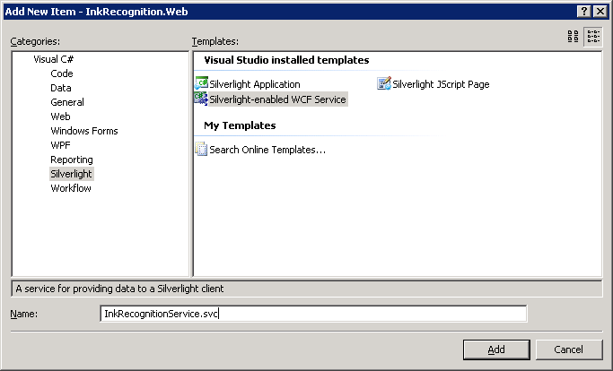 Add new item dialog box with silverlight wcf service selected and named