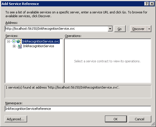 Add service reference dialog box with inkrecognitionservice selected and namespace changed