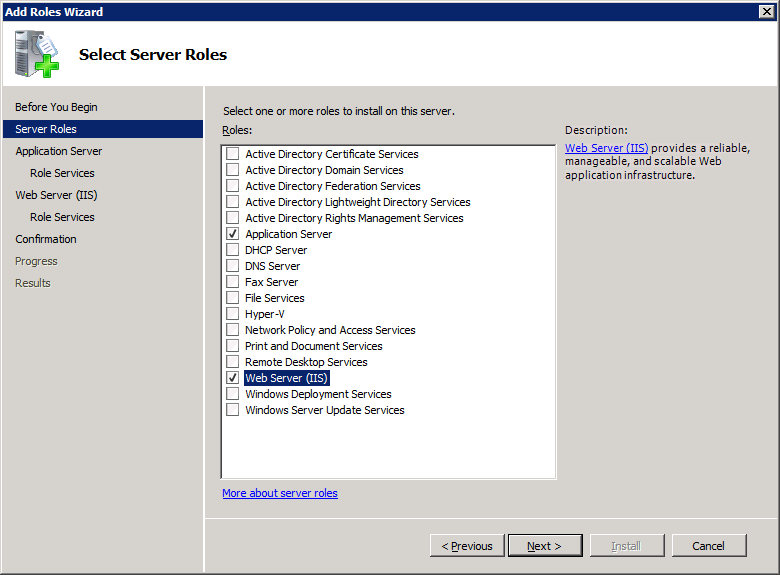 Select server roles dialog box with web server (iis) and application server roles selected