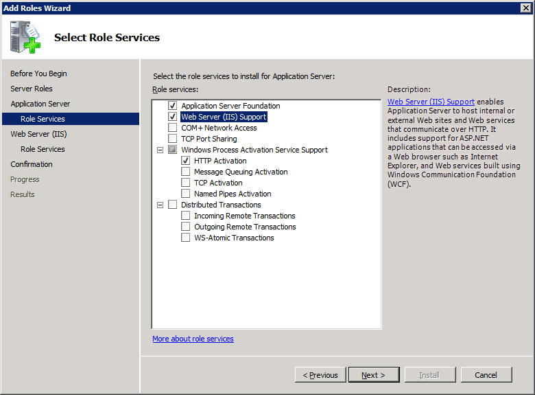 Select role services dialog box with web server (iis) enabled