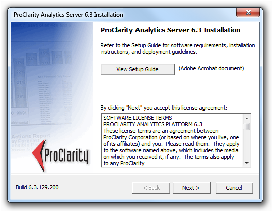 screen shot of proclarity setup first page 