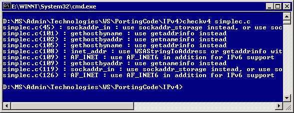 checkv4.exe reports ipv6 incompatibilities in the simplec.c file