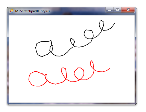 screen shot showing the windows touch scratchpad sample using the real-time stylus in c sharp, with black and red squiggles on the screen