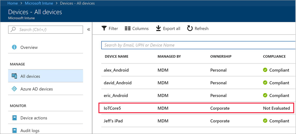 Intune devices list.
