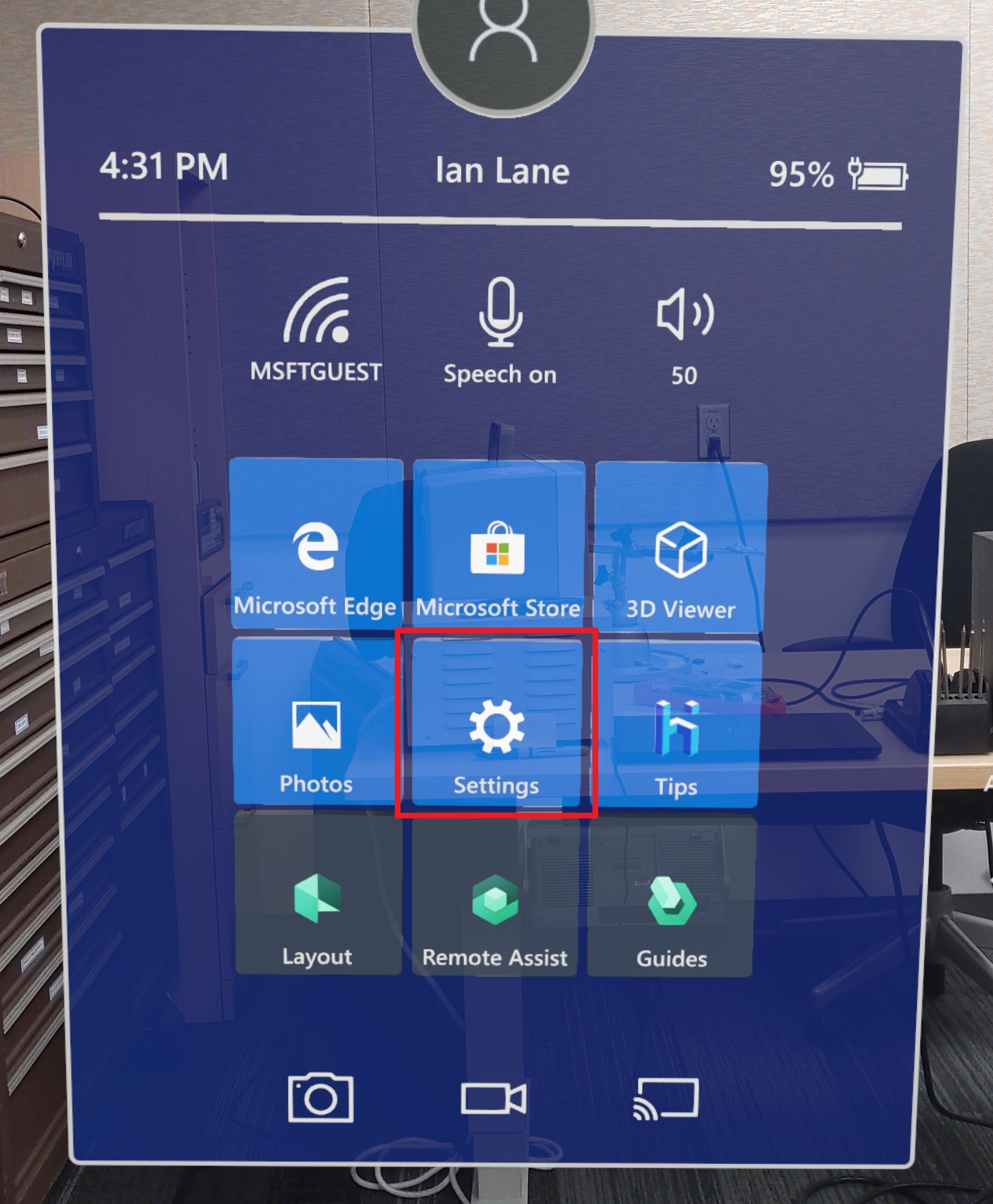 Screenshot of the HoloLens menu with settings button highlighted