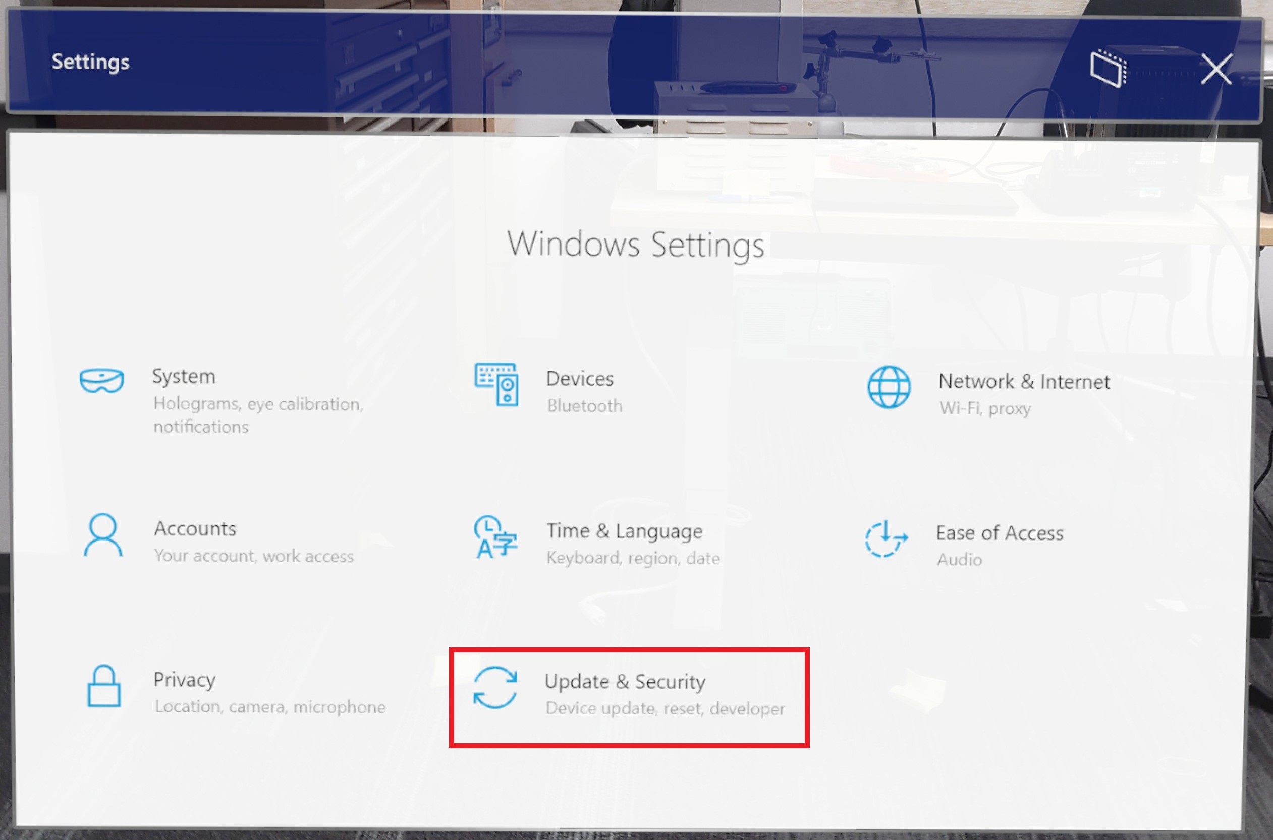 Screenshot of settings window open on HoloLens with update and security button highlighted
